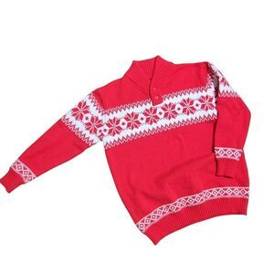 Men's Winter Sweater Large Red White Winter V Neck Fair Isle Nordic Acrylic
